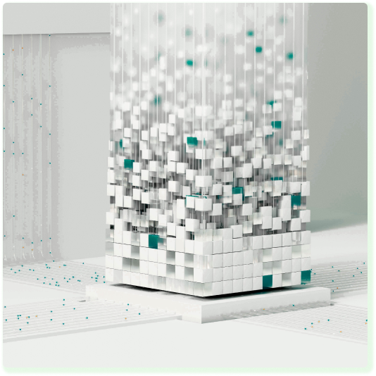 Abstract image of 3D grid with white and green cubes